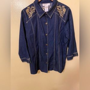Women’s Size Large Jean Shirt with Gold Floral Print